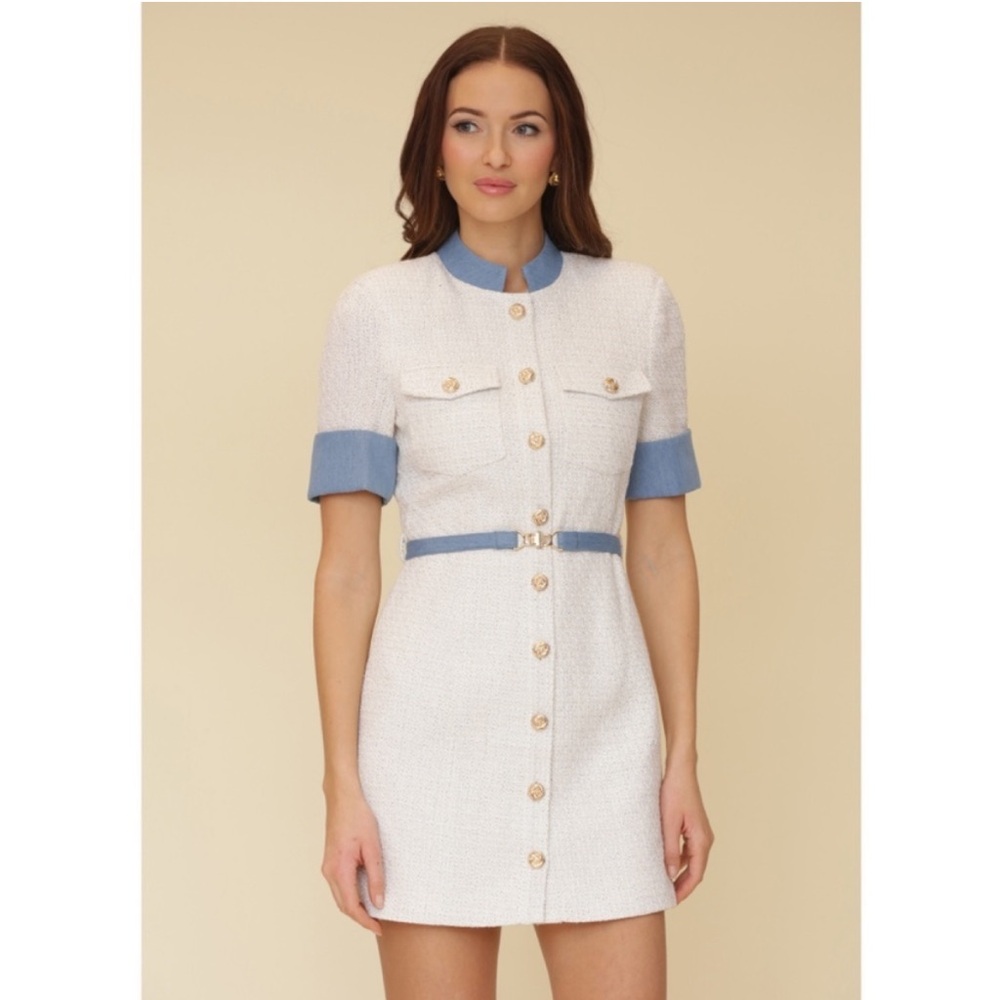 Avec Les Filles NWT Contrast Denim Tweed Mini Dress Ivory Size 4